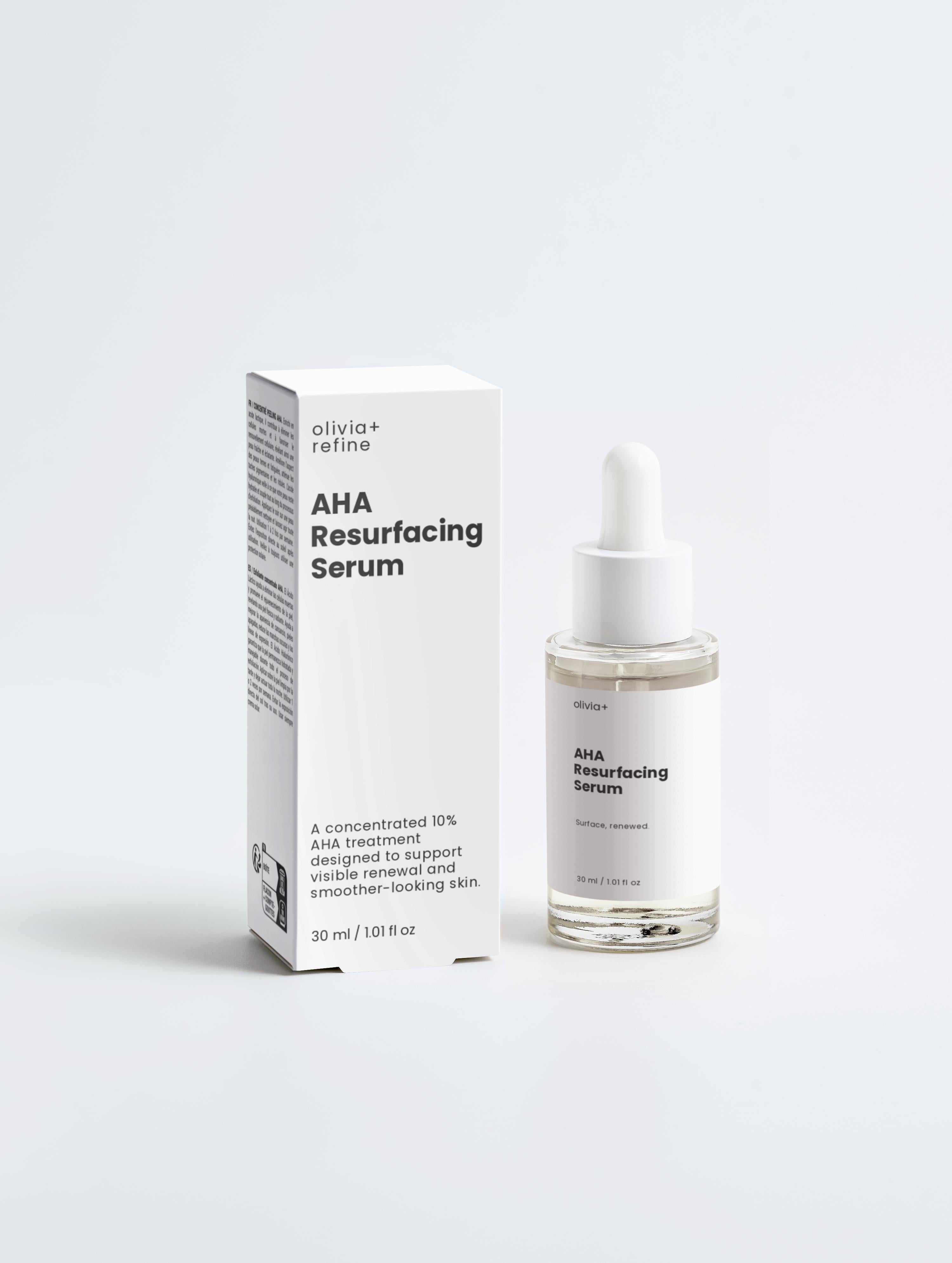 AHA Resurfacing Serum bottle and packaging on a white background