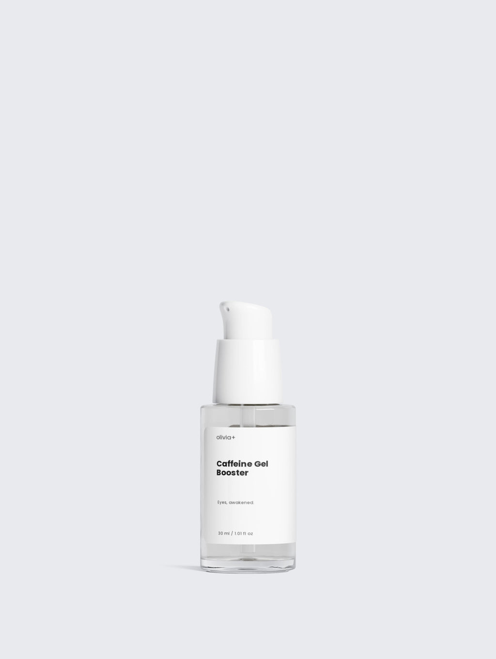 Skincare serum bottle labeled 'Caffeine Gel Booster' on a light gray background