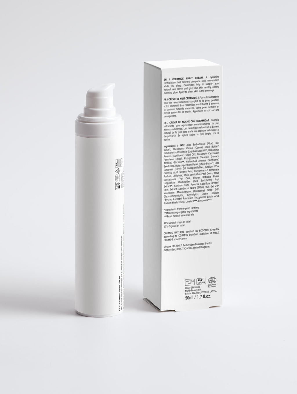White cylindrical container and its packaging on a light gray background