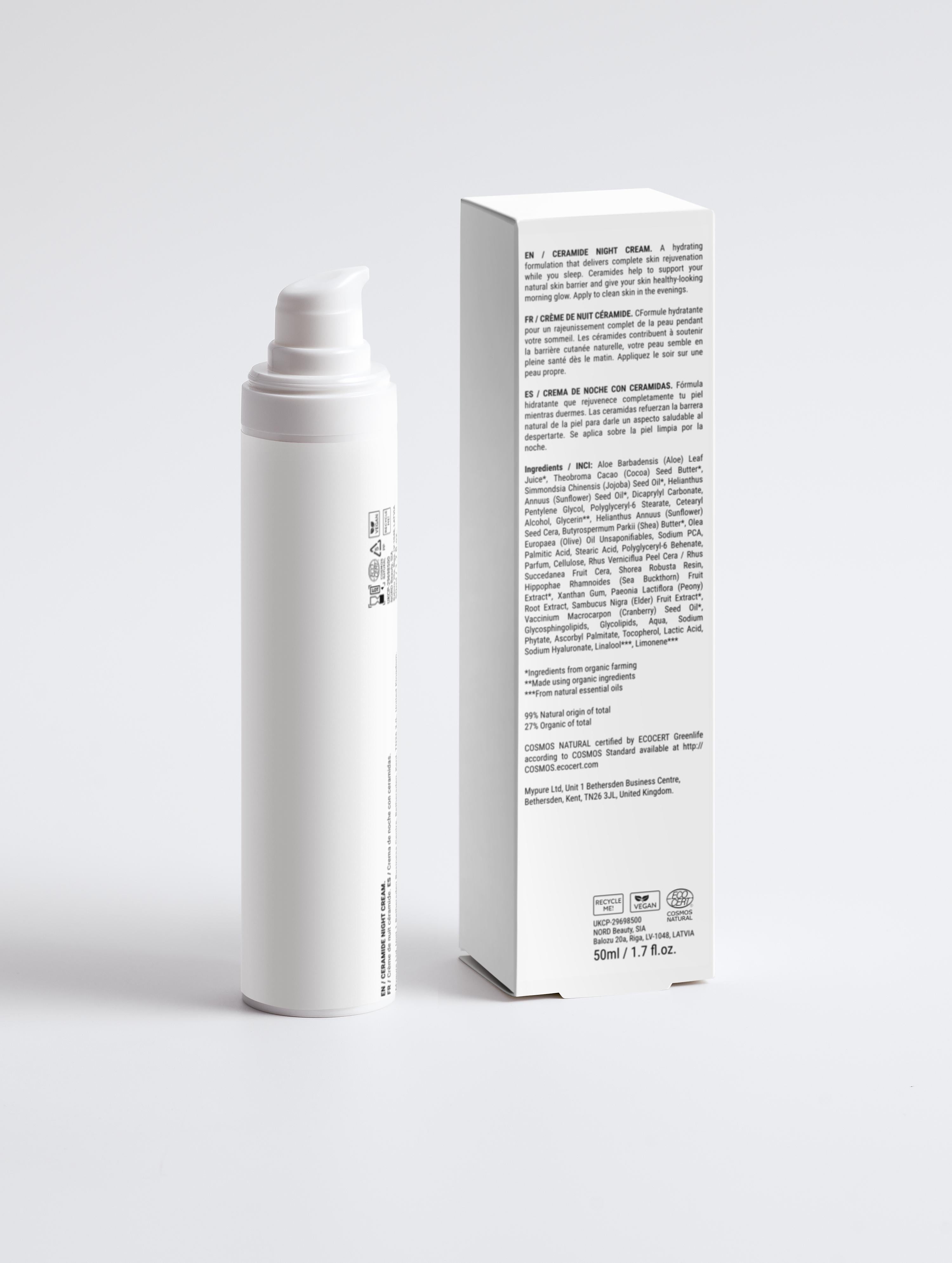 White cylindrical container and its packaging on a light gray background