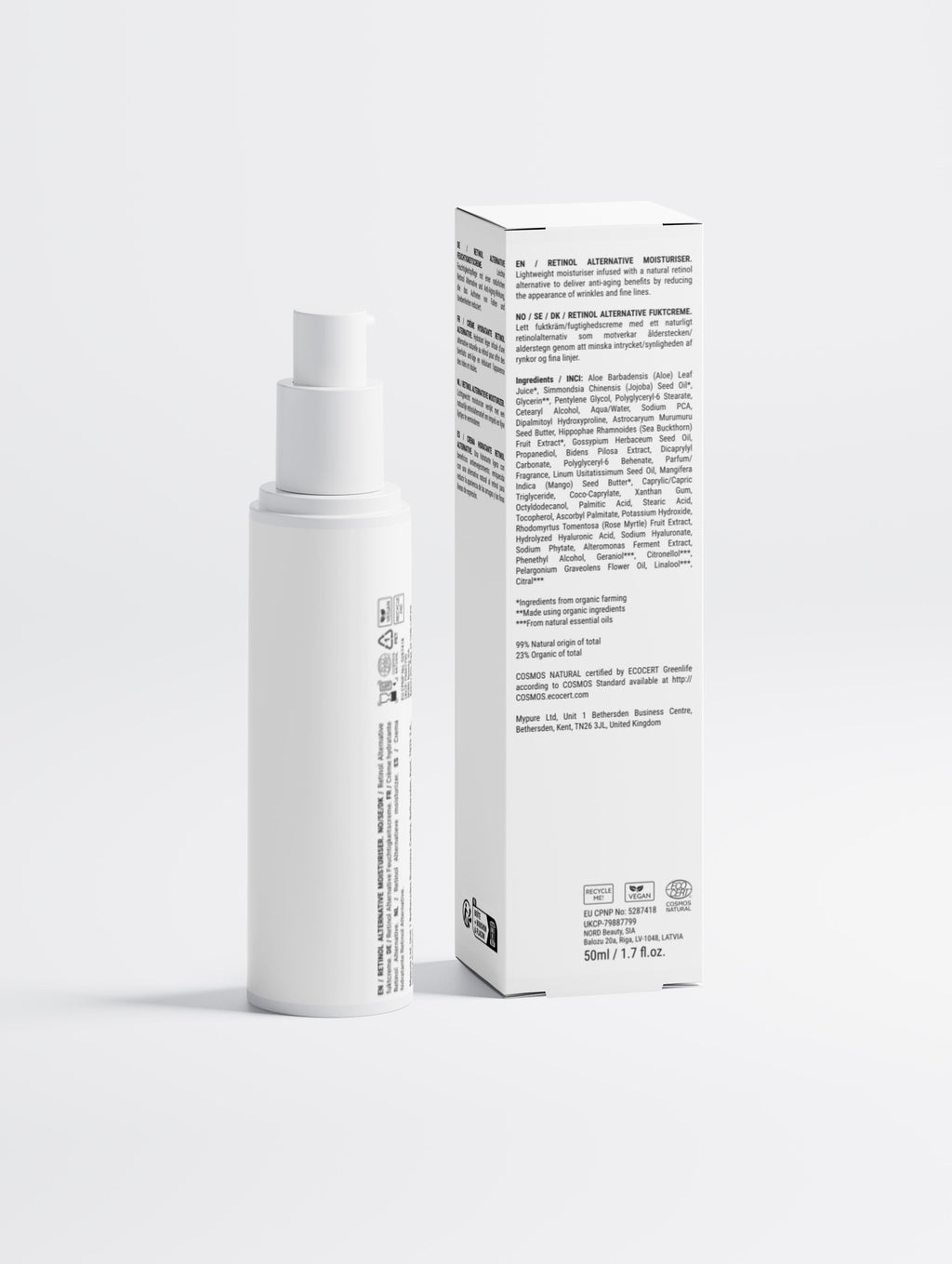 White skincare bottle and box on a white background