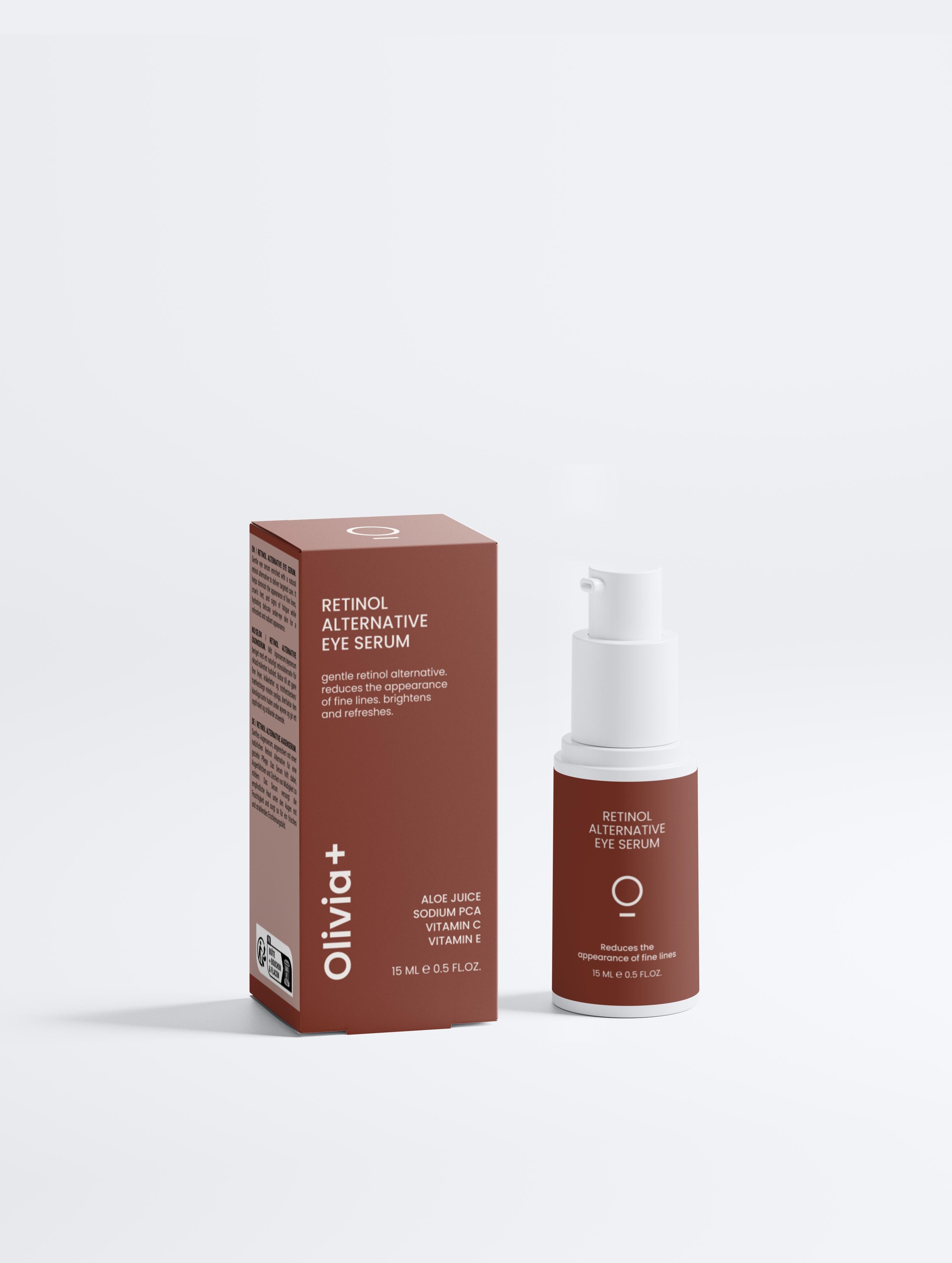 Olivia+ Retinol Alternative Eye Serum with packaging on a white background