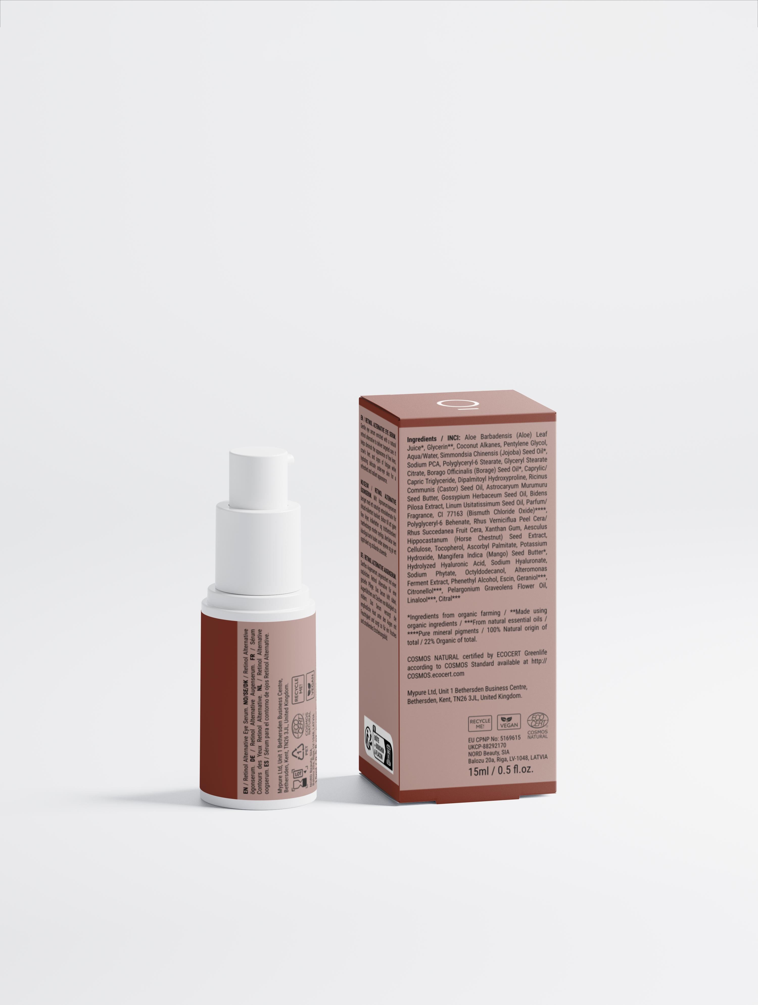 Skincare bottle and box with brown and white design on a light gray background