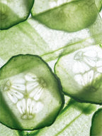 Close-up of sliced cucumbers on a light green background