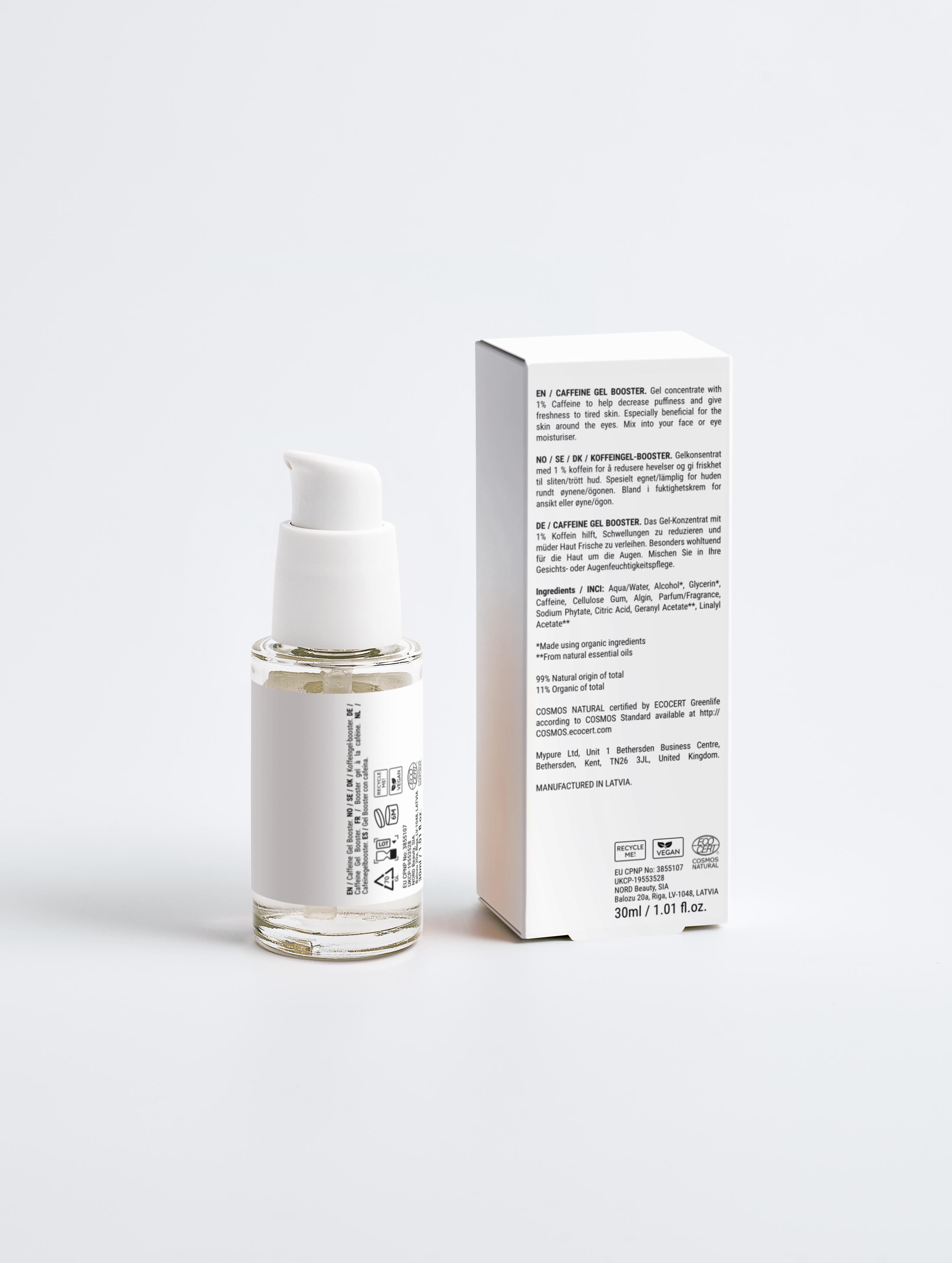 Skincare serum bottle with packaging on a white background