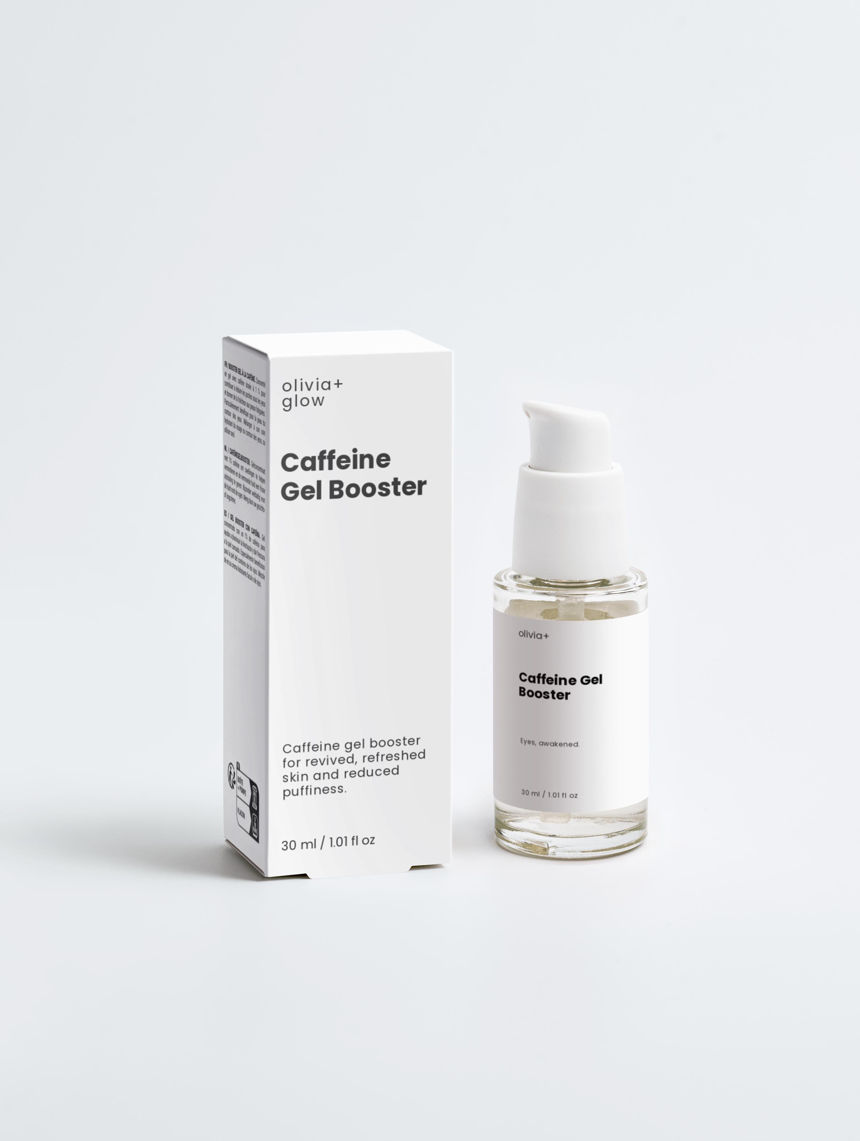 Caffeine gel booster packaging and bottle on a white background