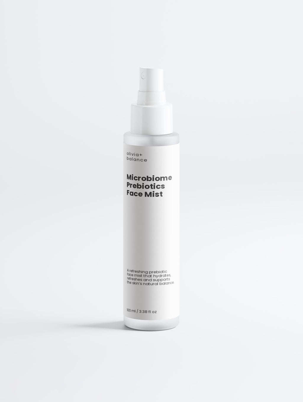 White bottle of Microbiome Prebiotics Face Mist on a white background