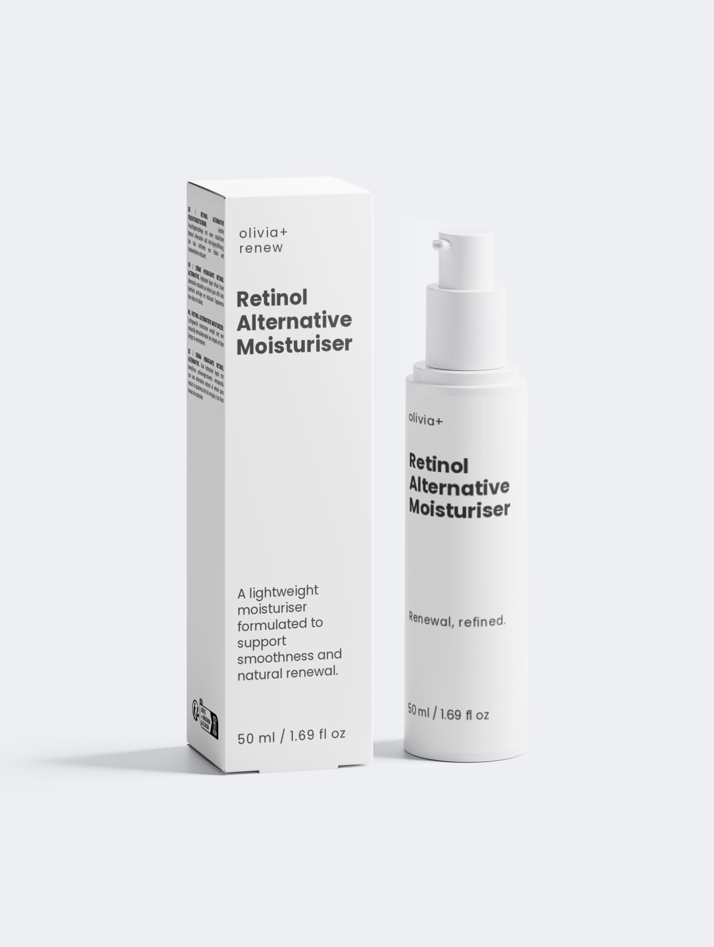 Retinol Alternative Moisturizer packaging with bottle and box on a white background