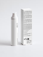 White cylindrical container and its packaging on a light gray background